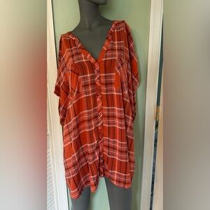 Torrid Challis Button Front Dolman Sleeve Top Orange Plaid Boxy Cut Vneck 5X